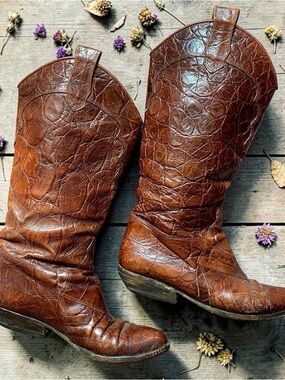 Joan & David Brown Leather Croc Western Heeled Boots